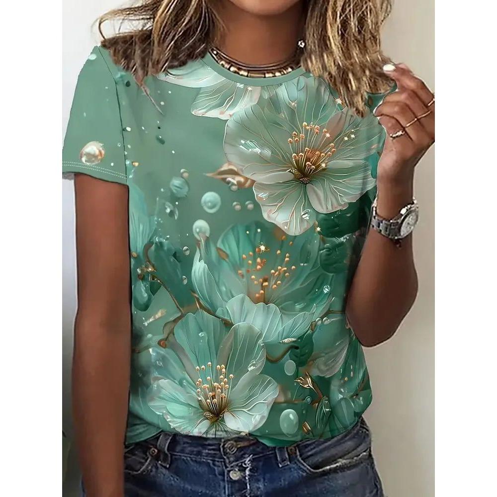 Women's T-shirt with Short Sleeves and Large Flower Print