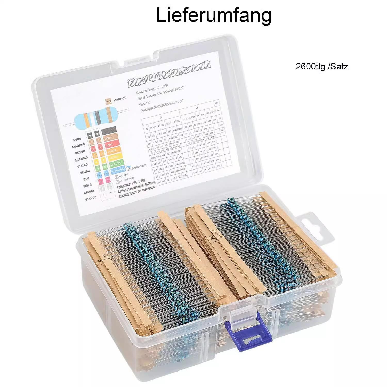 

Пакет металевих плівкових резисторів 0,25 Вт 1/4 Вт - 2600 штук, 130 специфікацій, повний діапазон загальних значень опору