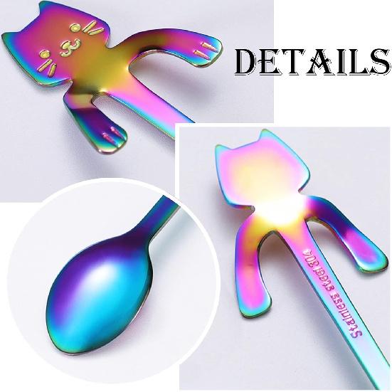 6 PCS Cat Spoon Coffee Tea Spoon Set, ESRISE Stainless Steel Mini Long Cute Kitten Stirring Teaspoons for Dessert Drink Mixing Milkshake (Multi)
