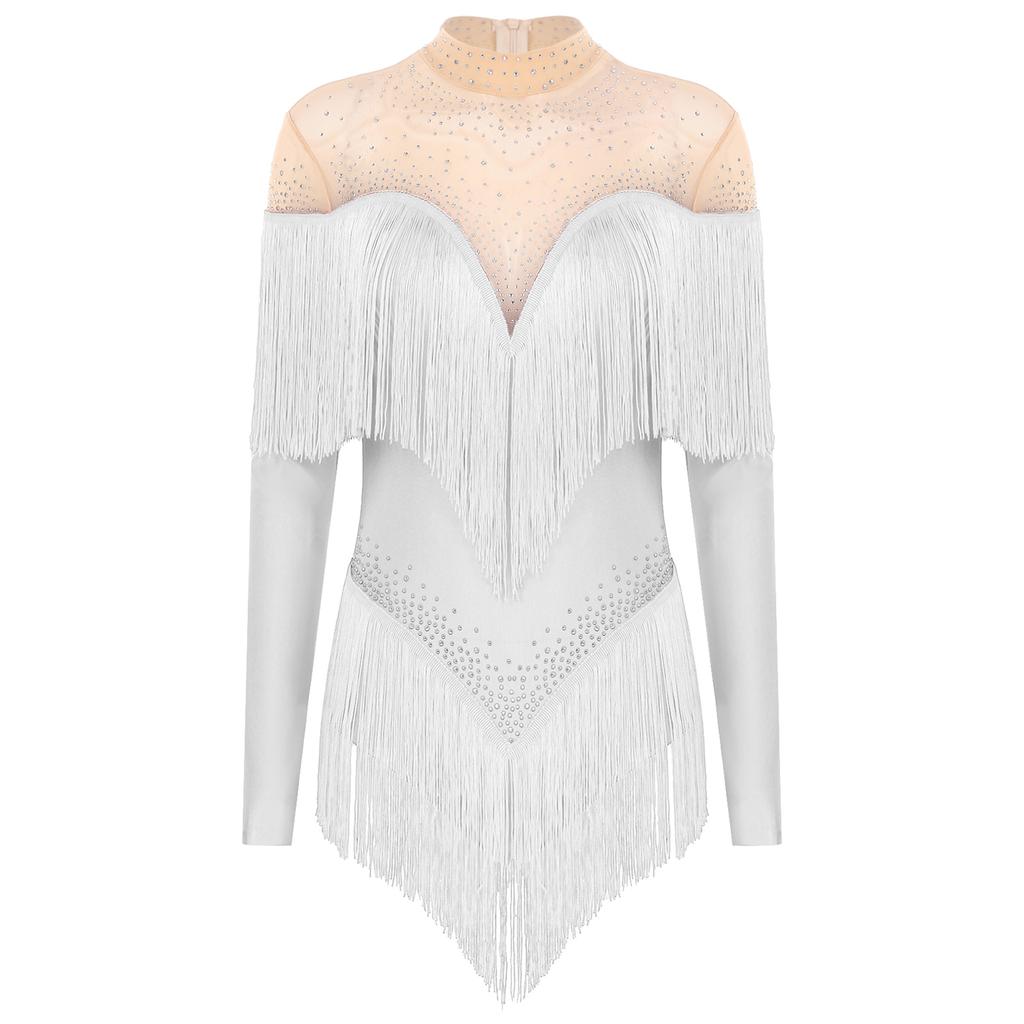Damski trykot do tańca latynoamerykańskiego z frędzlami, z siateczką na szyi i długimi rękawami, błyszczący, z cyrkoniami, body z frędzlami