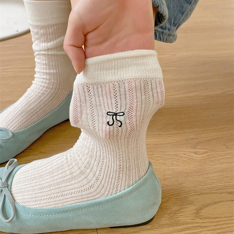 Woman Ultra Thin Version  Ins Bow Solid Color Mesh Mid Tube Breathable Socks Black White Grey Girl  Style Sweet Socks