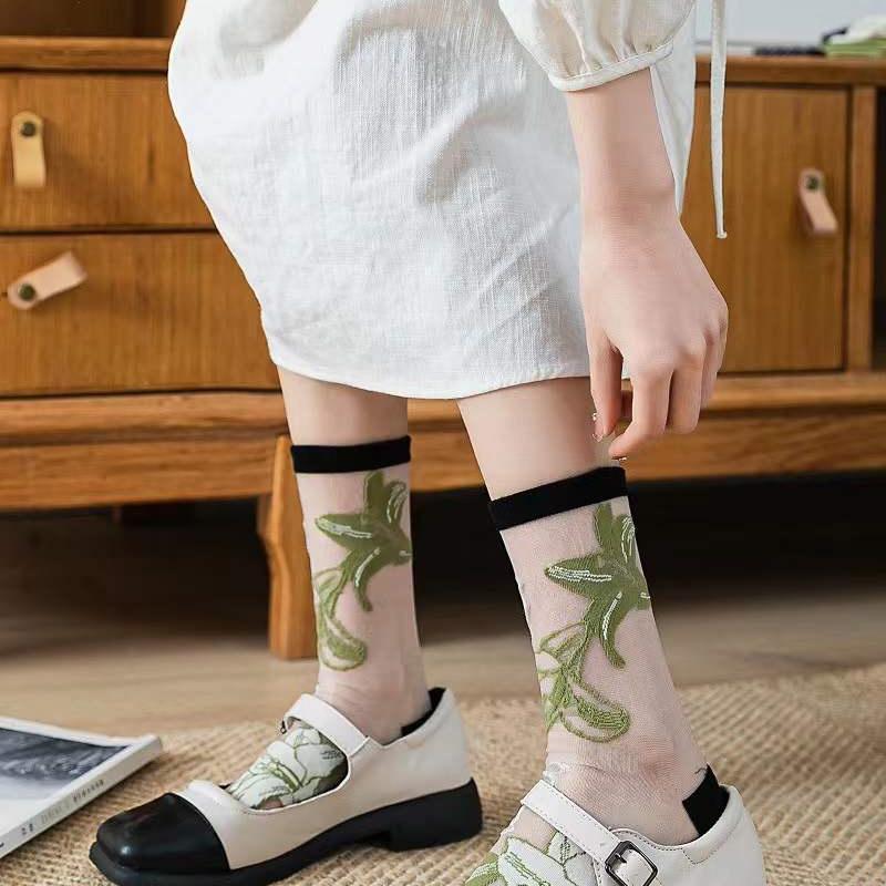 New Women Ladies Sock Fashion Sheer Mesh Glass Silk Socks Ultrathin Transparent Crystal Lace Fabulous Elastic Summer Flower Sock