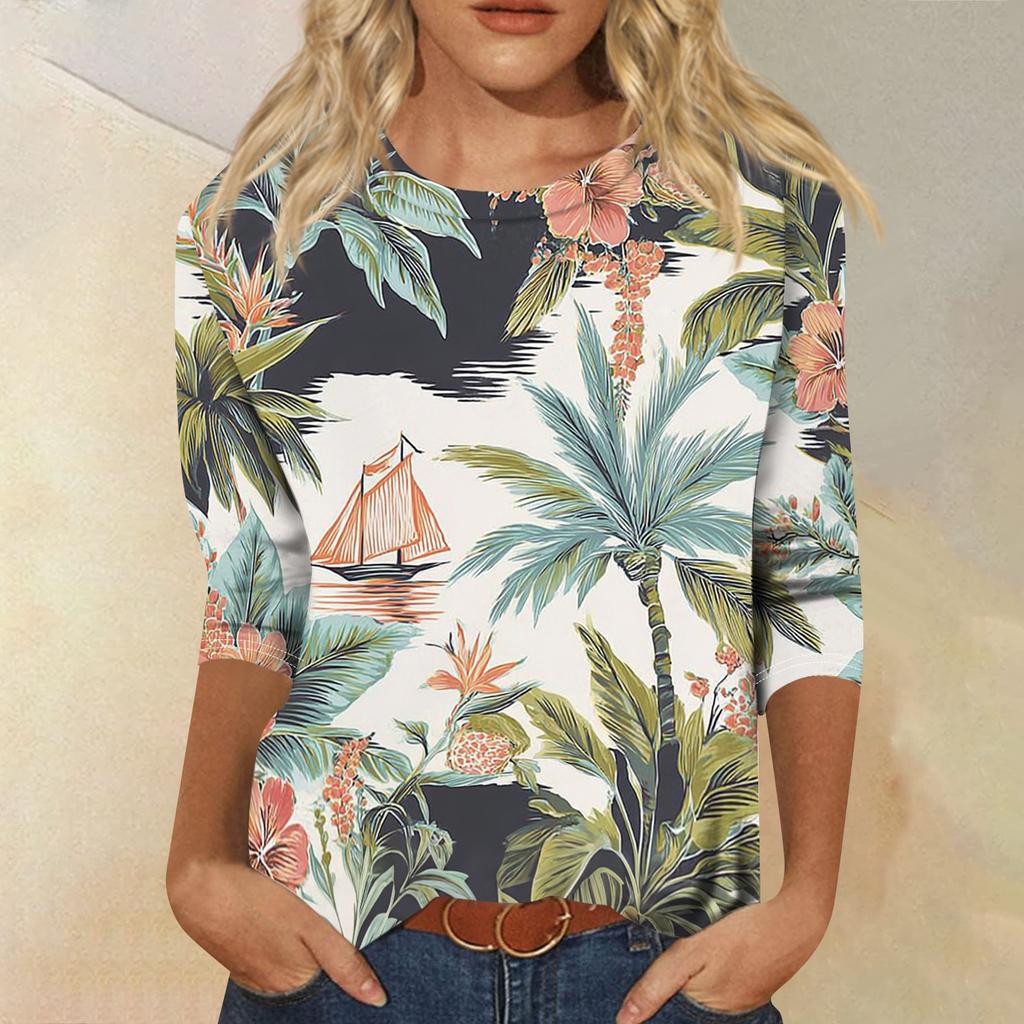 Top T-shirt casual alla moda da donna con scollo rotondo, manica a tre quarti e stampa