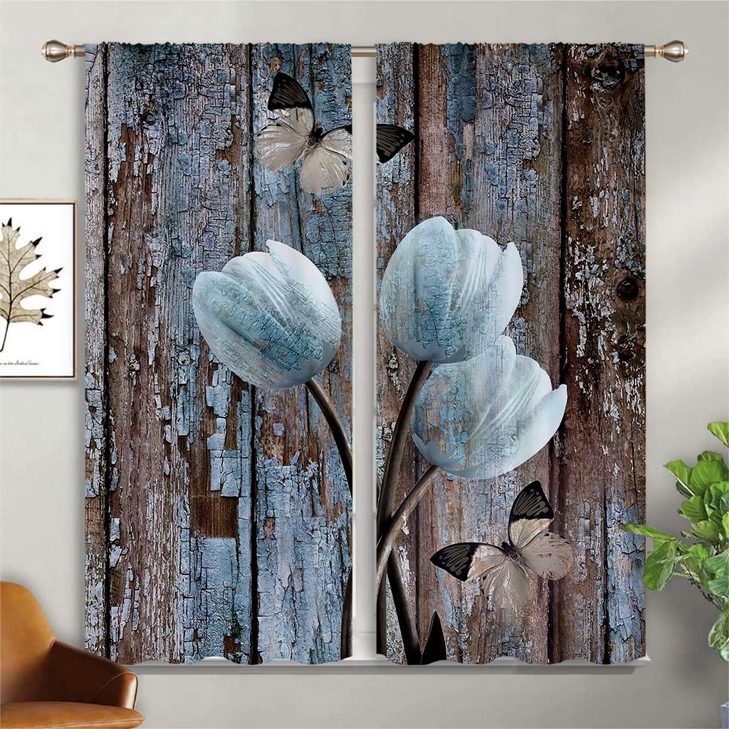 Vintage Závěsy s květinovým potiskem a imitací dřeva s tunýlky na tyč pro ložnici, obývací pokoj, pracovnu, dekorativní závěsy, bytová dekorace