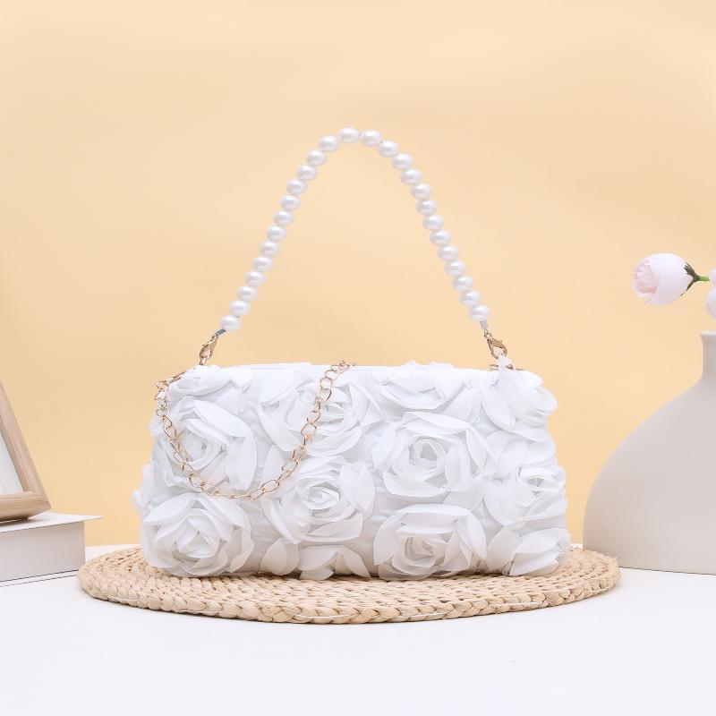Elegant Women 3D Rose Floral Shoulder Bag Romantic Flower Pattern Pearl Handle Detachable Chain for Prom Graduation