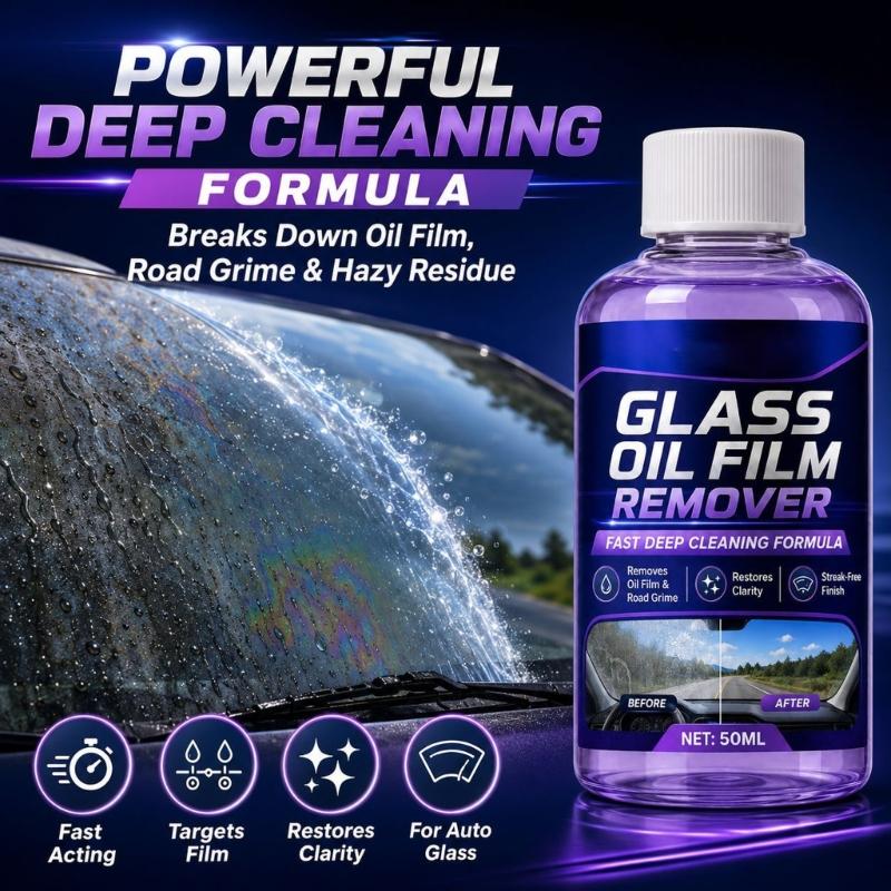 Car Glass Oil Film Cleaner with Towel, Liquid Care for Rain Traces, Water Spots and Grime Buildup on Window Glass, Mirrors and Windshields
