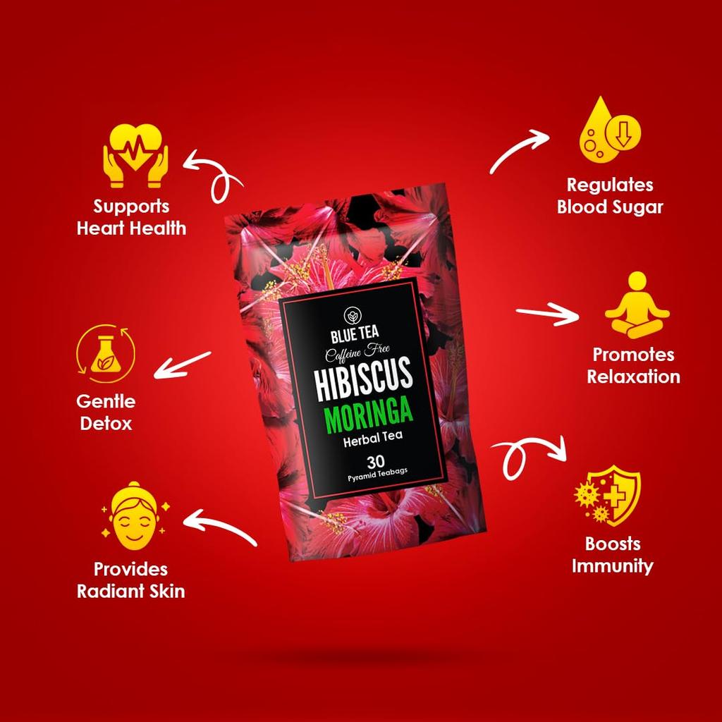 BLUE TEA - Hibiscus Moringa Tea - 30 Tea Bags - Plant Based | Rich In Antioxidants | Boosts Immunity | Glowing Skin | Supports Heart Health