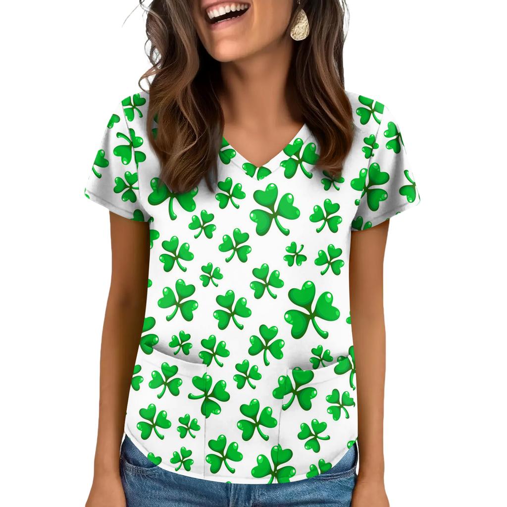 Women's V-Neck Saint Patrick's Day Print Short-Sleeve Pocket Side-Slit Top