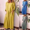 Dames Vintage Effen Kleur Lange Mouw O Hals Zakken Maxi Jurk Tuniek Kaftan