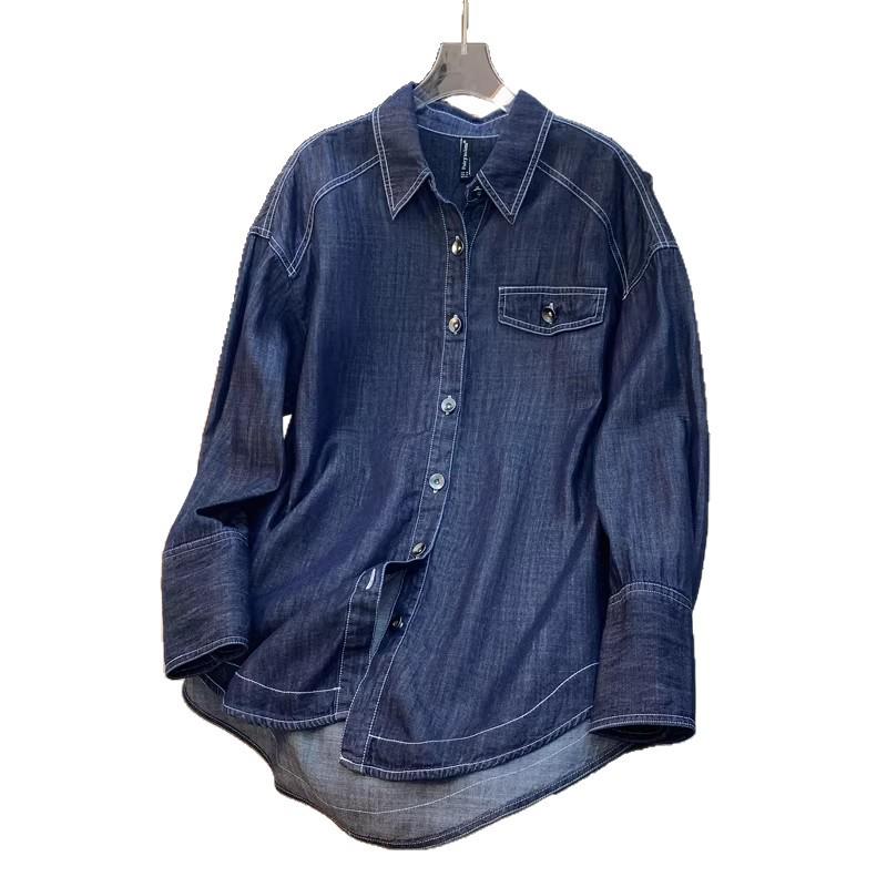 2024 Women's Loose Fit Blue Denim Shirt Jacket for Autumn/Winter
