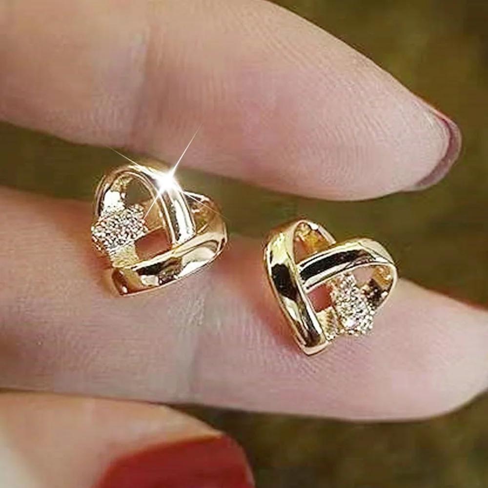 Classic Simple Gold Color Stainless Steel Little Heart Stud Earrings for Women Charm Luxury Zircon Korea Earring Bride Jewelry