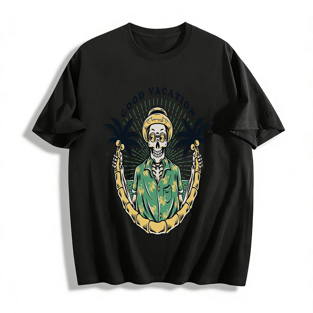 

Good Vacation Skeleton Print Casual Hawaiian Vacation Tee For Men Pure cotton T-shirt XXS