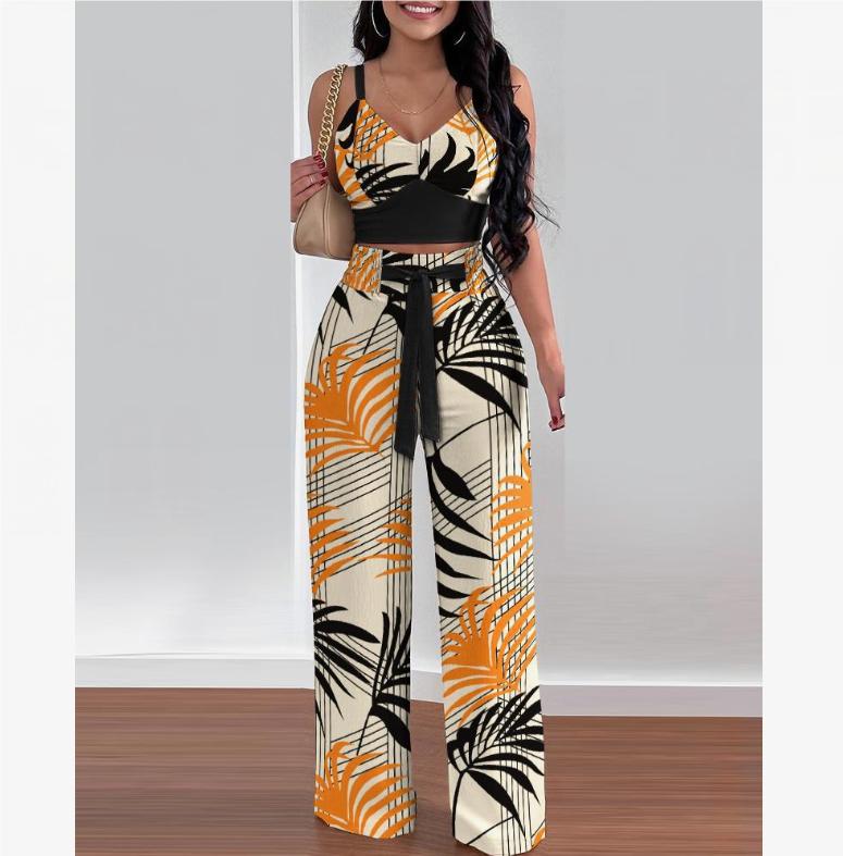 

2 Piece Outfits For Women Sexy V-Neck Strap Shirred Slim Crop Tops & Lace-up Wide Leg Pants Sets Elegant Office Lady Suit XS помаранчевий