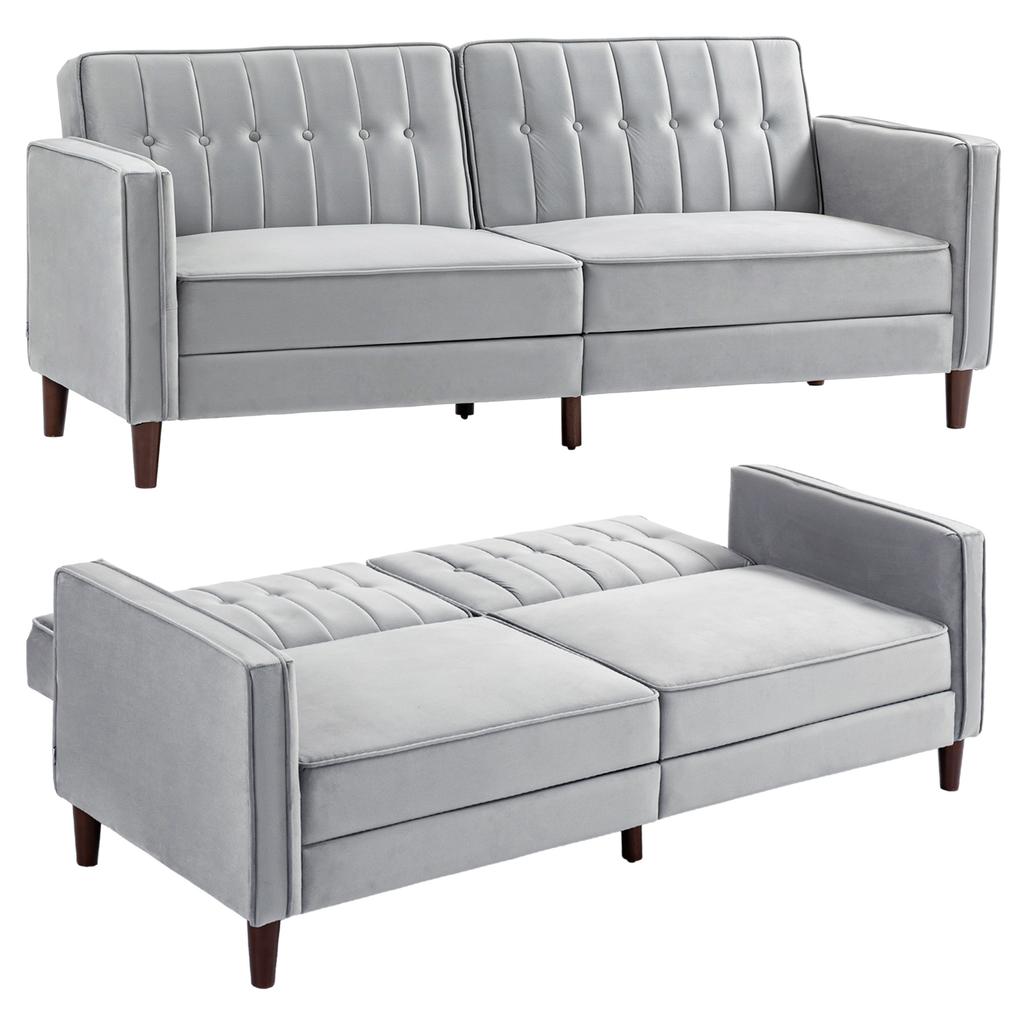 Modern Convertible Sofa Futon Velvet-Touch Tufted Couch Compact Loveseat with Adjustable Split Back, Light Grey