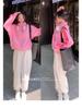 Women's Petite Pink Stand-up Collar Baseball Jacket - Sporty, Casual, for Spring and Autumn