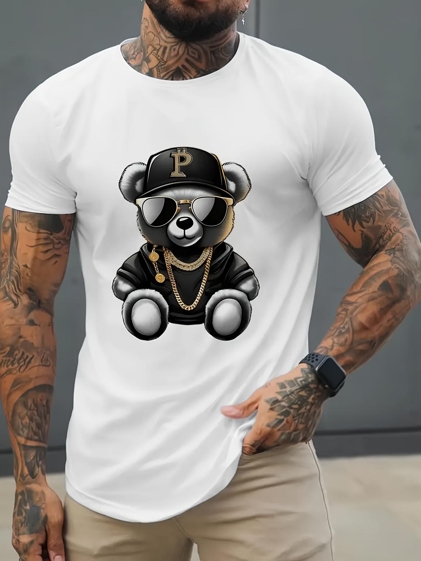 Летняя мода Принт с узором медведя Мужская мягкая дышащая футболка с круглым вырезом и короткими рукавами Повседневная удобная спортивная фитнес Домашняя на каждый день S армия зеленый