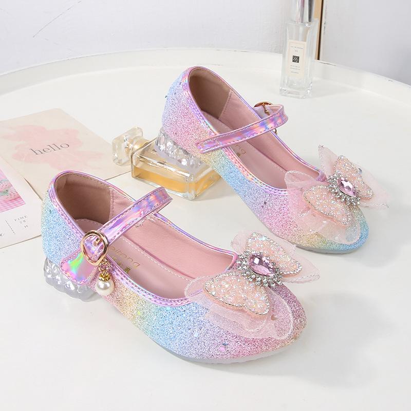 2026Nuove scarpe da principessa per bambina con fiocchi di paillettes e cristalli, scarpe da spettacolo per bambine, tacchi alti a suola morbida