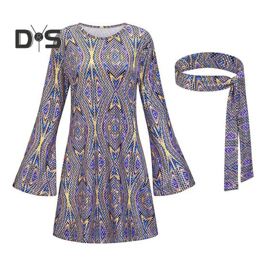 

Женский комплект с повязкой на голову в стиле 1970-х годов, костюм для вечеринки на Хэллоуин, ролевая игра, косплей, платье для вечеринки в стиле диско, длинное платье-трапеция с цветным принтом и рукавами-колокольчиками M серебряный