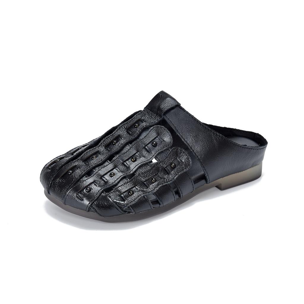 Johnature Genuine Leather Round Toe Flat Slippers Hollow Out Soft Soled Outdoor Slides Women's Slip-on Sheos