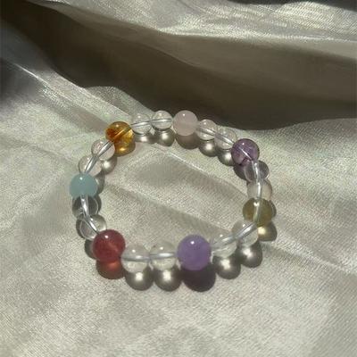 Colorful Candies Are Natural Treasures10mm Women's Bracelet with Aquamarine, Amethyst, Pink Citrine, Yellow Citrine, and Strawberry Crystal,