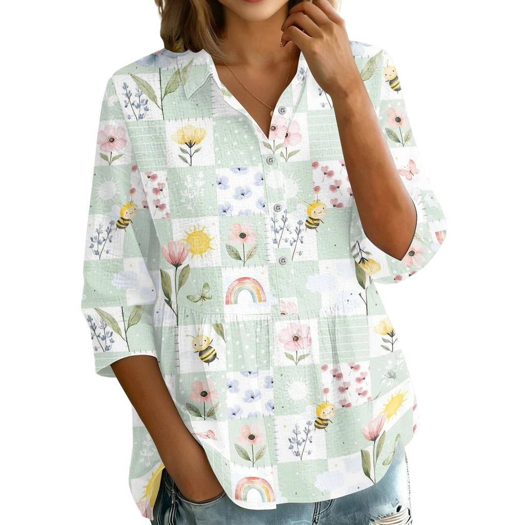 Damen Knopfleiste Hemd Vintage Blumenmuster Dreiviertelärm Lockerer Schnitt Bluse mit Kragen Lässig Leichtes Oberteil