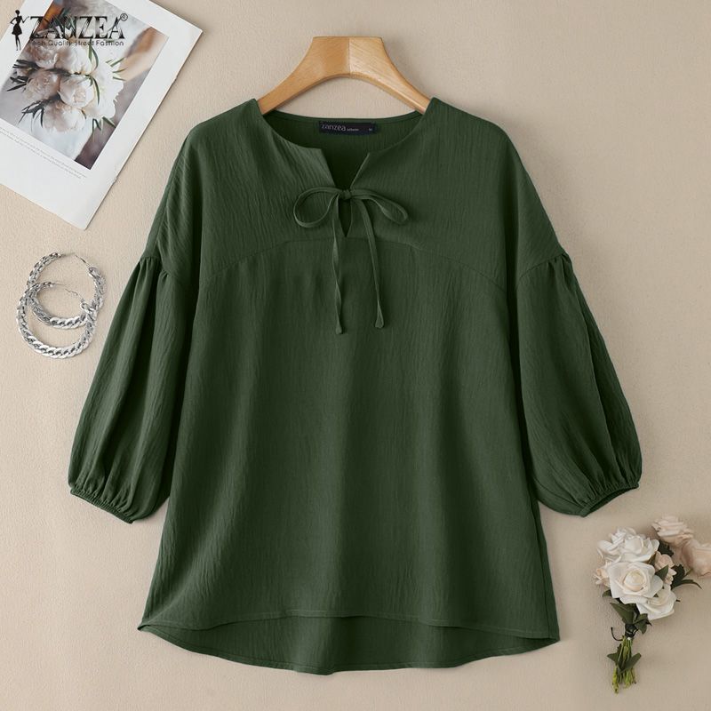 ZANZEA Women Casual Round Neck Solid Color 3/4 Sleeve Loose Blouse