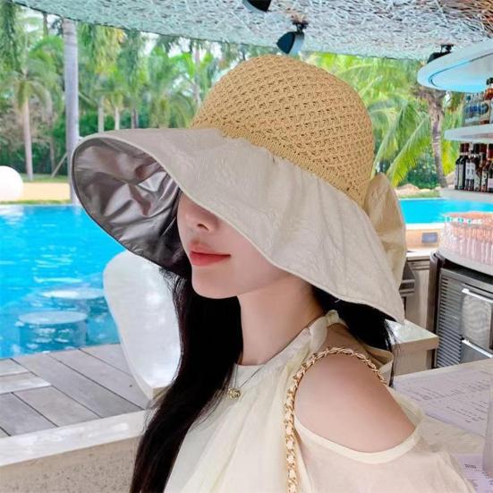 Sun Hat with Bow Design Foldable Breathable Hollow Woven Large Brim Jacquard Fabric UV Protection Face Slimming Summer Travel Hat