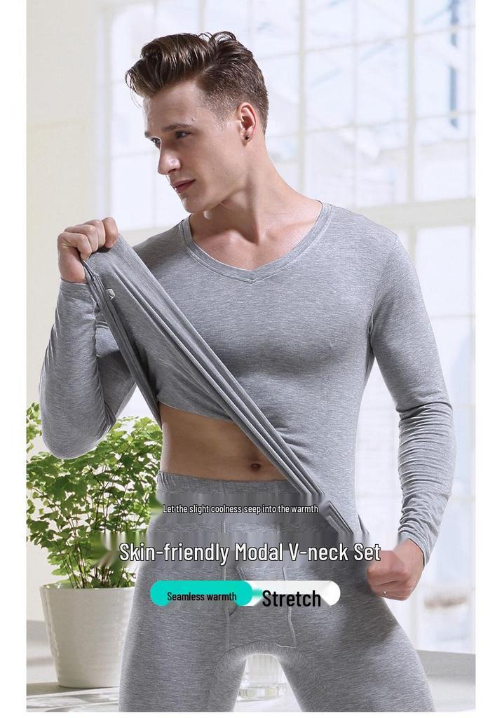 Men's V-Neck Thermal Underwear Set: Modal, Cotton, Wool - Slim Fit, Plus Size Top & Bottoms for Autumn