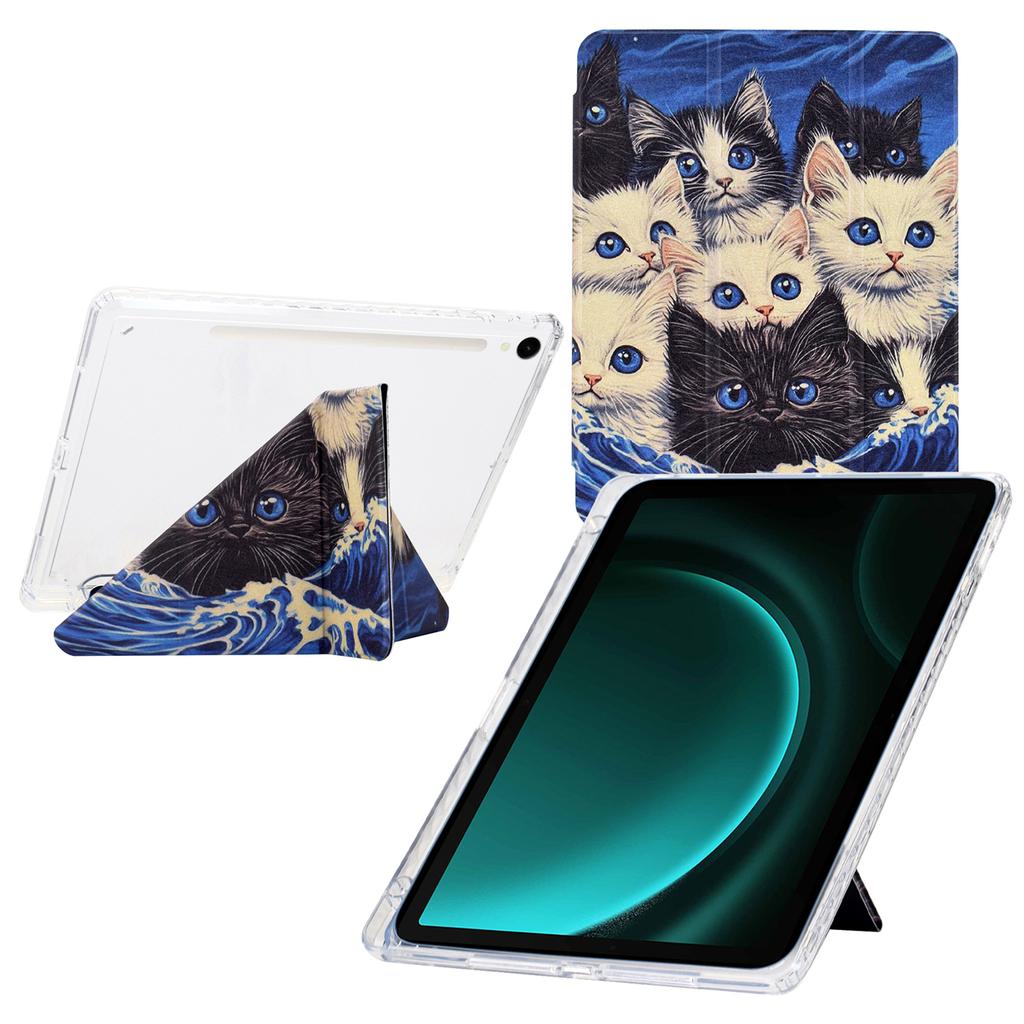 Tablet Case For Samsung Galaxy Tab S10/S10 FE/S9/S9 FE,Y-Fold Stand Pattern Print Leather+Clear Acrylic Cover with Pencil Holder