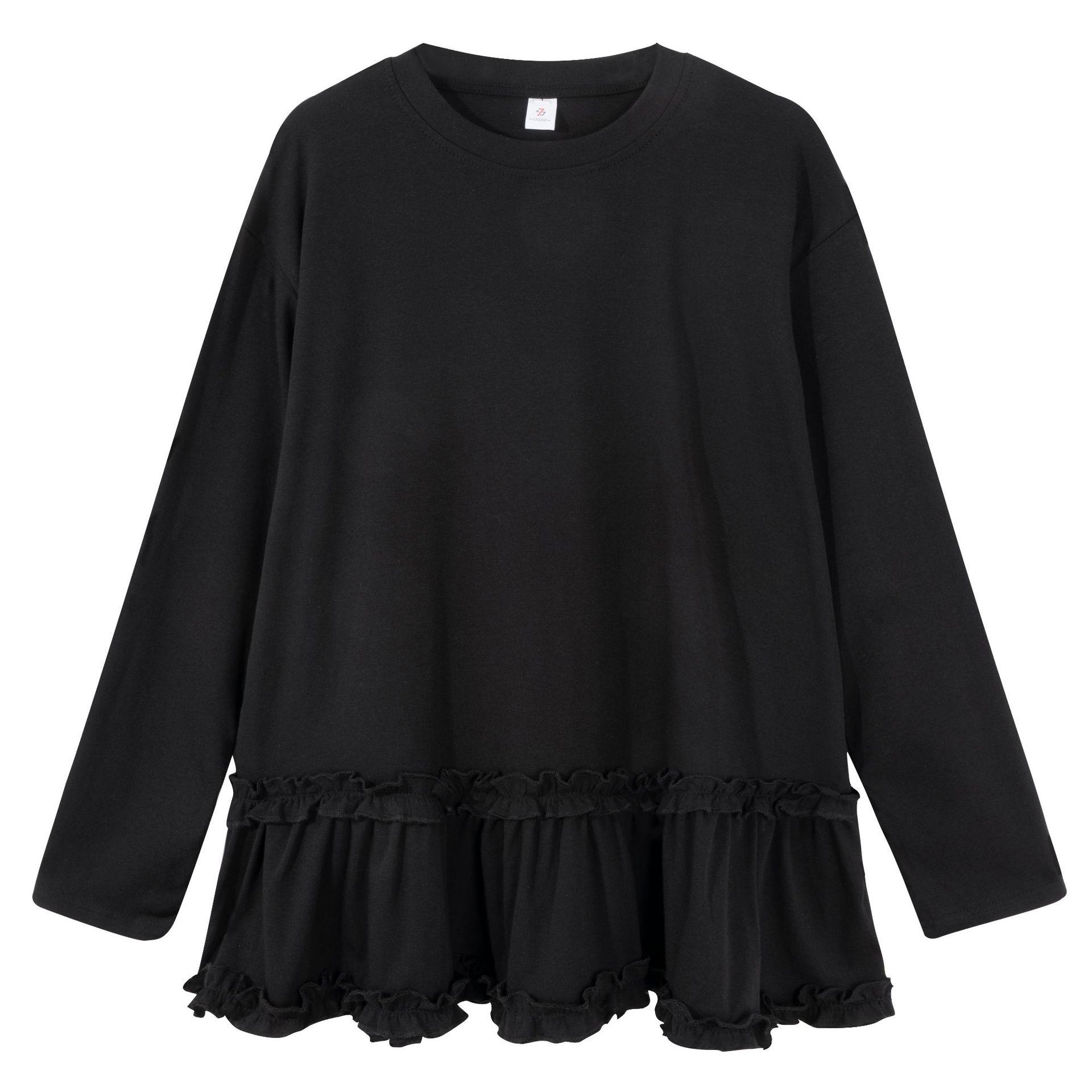 Women s Plus Size Long-Sleeve Lace Hem T-Shirt for AutumnWinter - Mid-Length Flattering Fit Perfect for Layering L suitable for 50-59 kg чёрный 2070₽