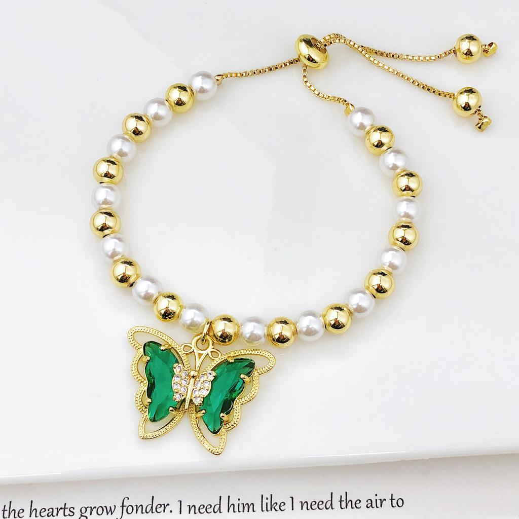 Luxury Butterfly Crystal Zircon Copper Bead Pearl Chain Bracelet Charming for Women Girls Daily Party Wrist Jewelry Wholesale