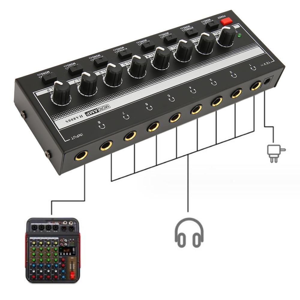 8-Channel Stereo Headphone Amplifier 6.35mm Channel Line Mixer Audio Mixer Band Rehearsal
