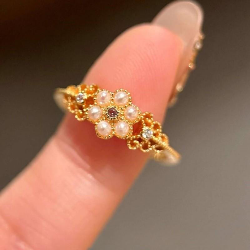 Korean Style Zircon Pearl Flower Ring for Women - Light Luxury Fashion Index Finger Accessory Adjustable