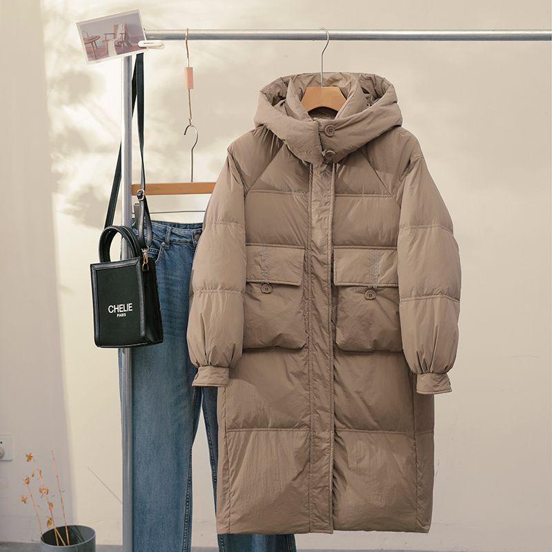 2024 Women's Mid-Length White Duck Down Hooded Winter Coat