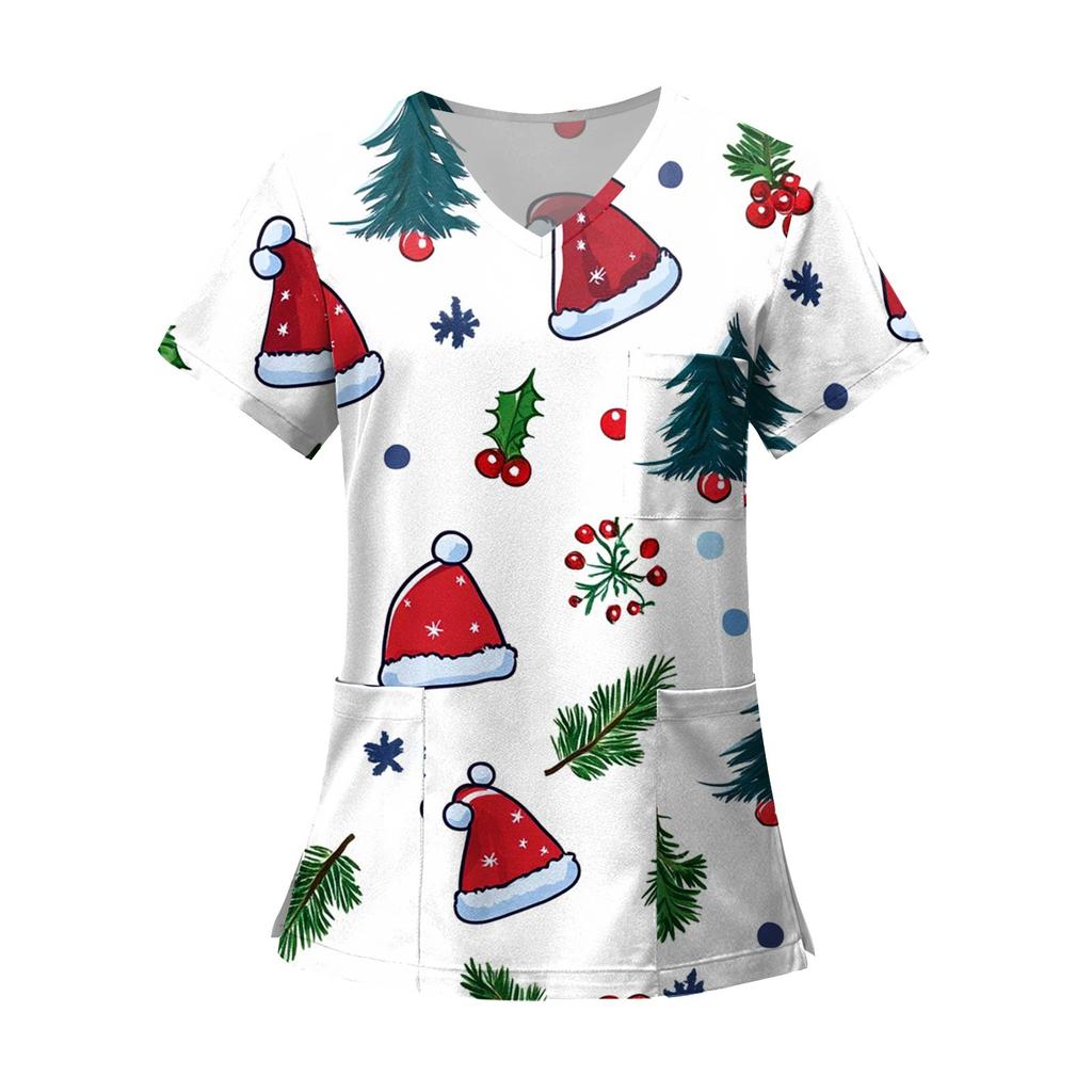 Women's Fashion Printed Short Sleeve V Neck Pattern Tops Pocket Working T-shirts