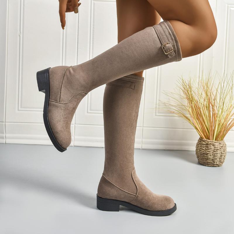 

Мода 2025 Женские сапоги до колена Новые зимние слипоны на массивном каблуке Обувь Женские ретро теплые однотонные длинные сапоги Женские сапоги из замши с круглым носком 43 хаки