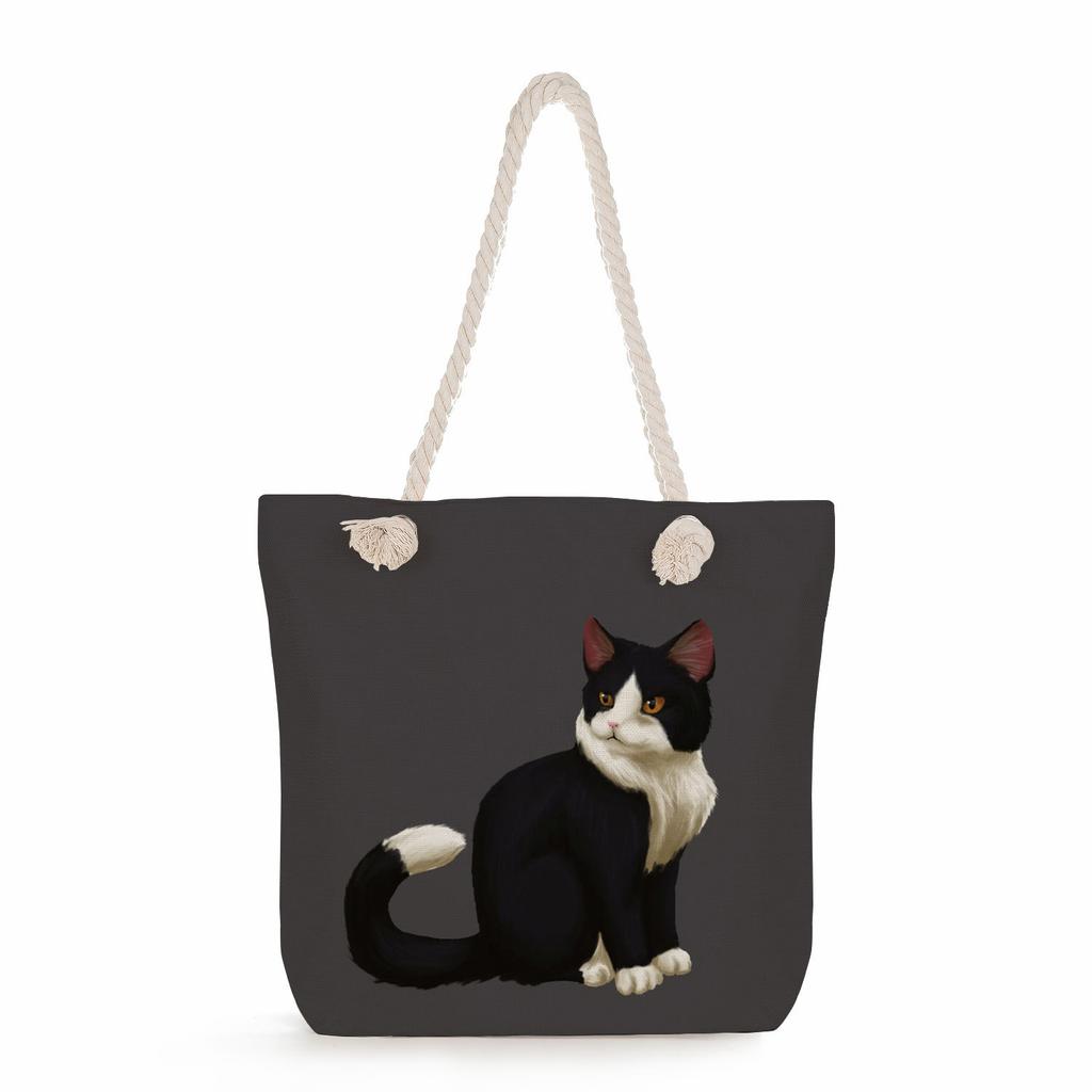Cartoon cat print thick rope single-shoulder beach bag 7233