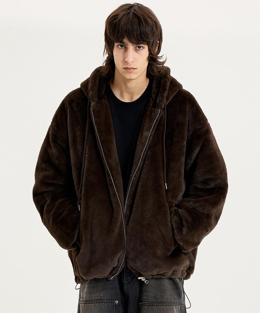 Then Our Mink Fur Oversized Zip-Up Hoodie (Khaki Brown)
