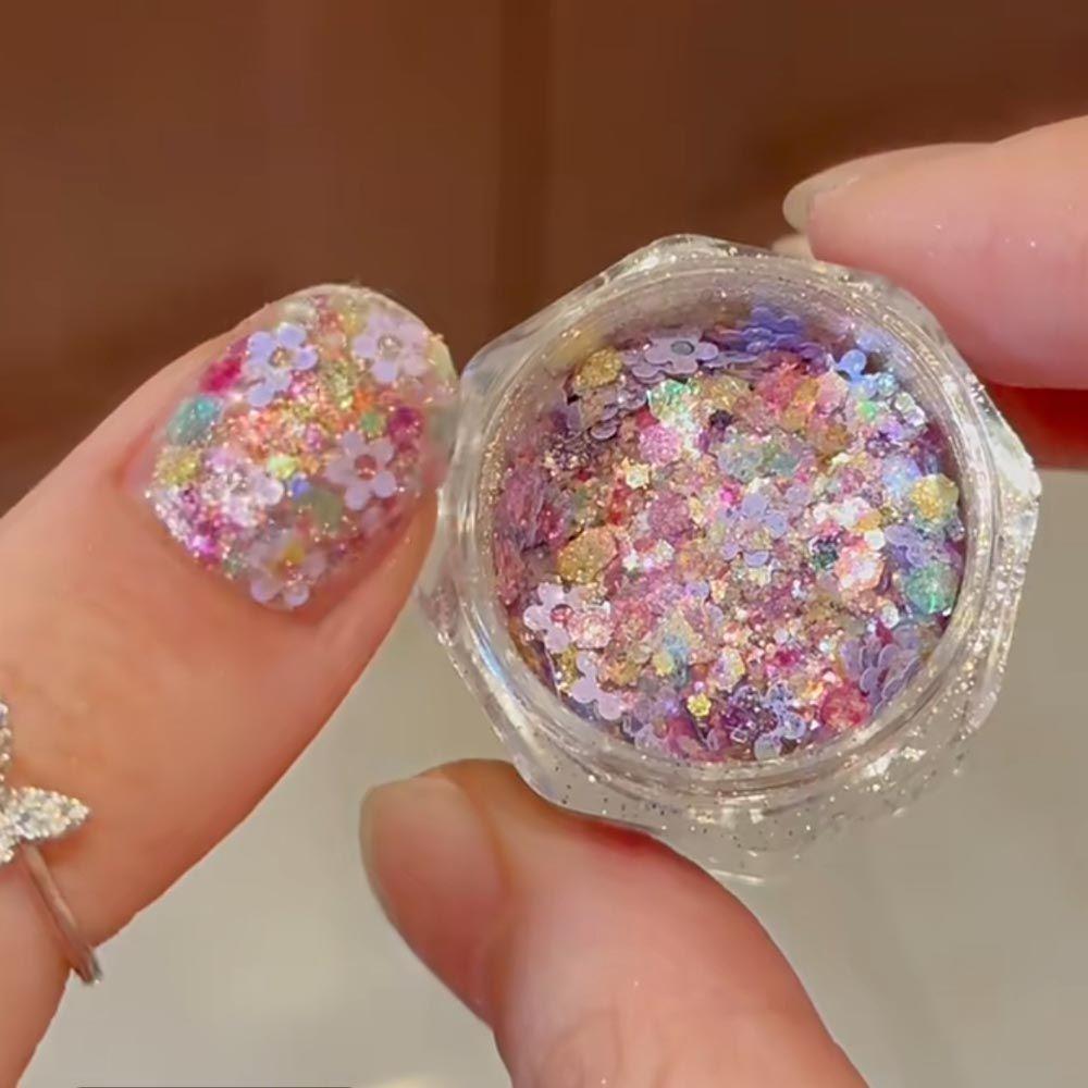 6-Grid Iridescent Nail Art Sequins: Flowers, Glitter Hearts, Five-Point Stars, Aurora Pink