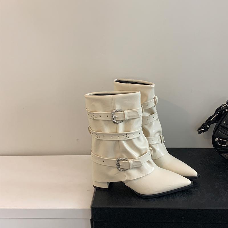 

Fashion Biker Boots for Women Buckle Knee High Boots Pointed Toe Punk Motorcycle Goth Fashion Boots Winter Shoes Street Boot 35