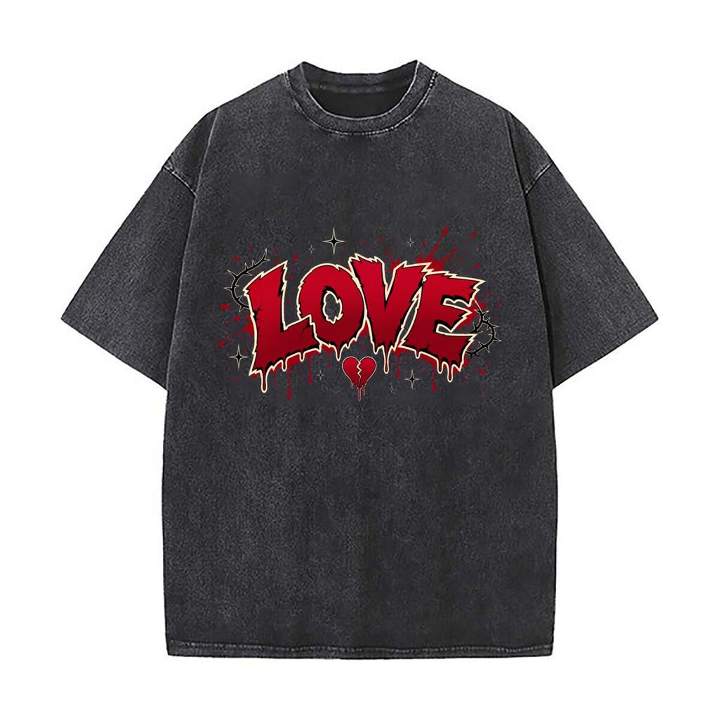 Bloody Romance Drip Lettering Emblem Daily Commute Vintage Distressed T Shirt Loose Washed Sleeve