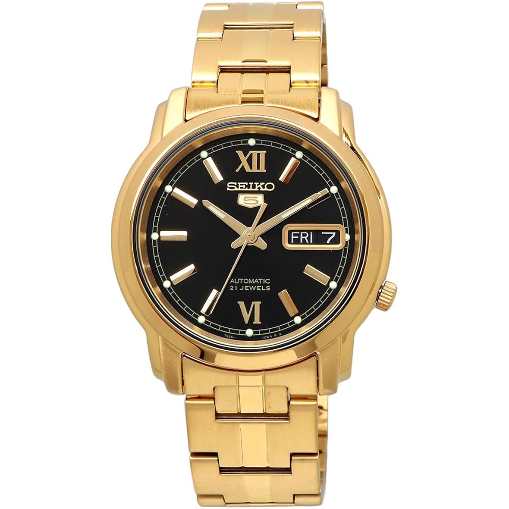 Seiko Five Automatic Men s Watch SNKK86K1 Gold Black Dial Stainless Steel 21 Jewels