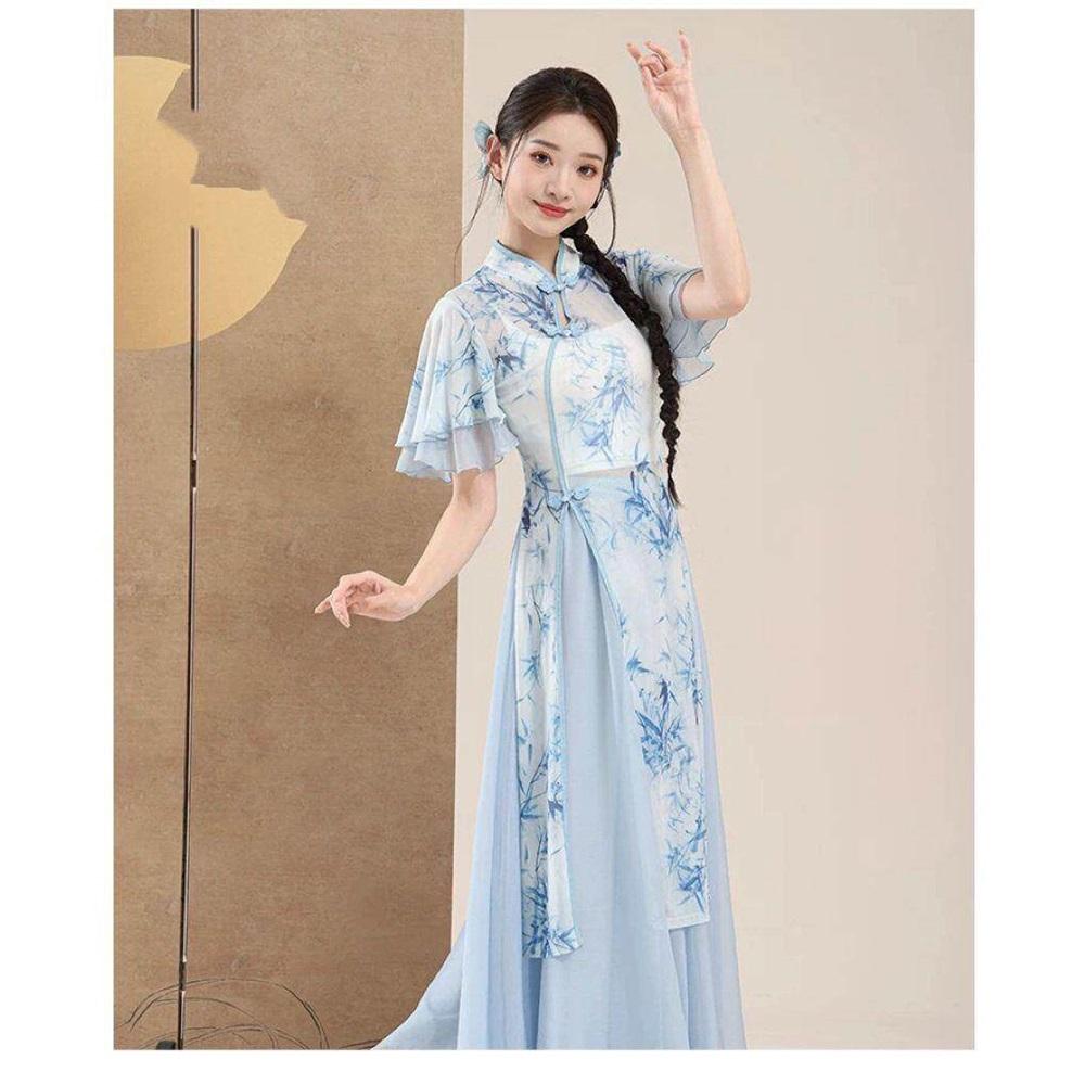 Women's Bamboo Print Qipao Collar Classical Dance Costume, Flowy Chiffon Skirt Folk Dance Performance Outfit