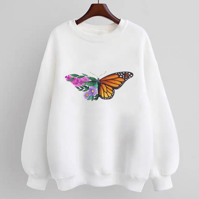 

(Asian Size) Women Butterfly Cartoon Flower Print Lady Print Spring Autumn Winter Fashion Casual Pullovers Fleece Clothes Graphic Sweatshirts