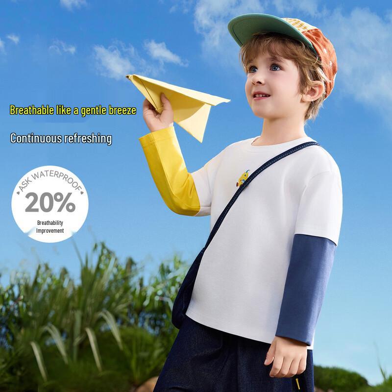 

ASK JUNIOR Boys Faux Two-Piece Color-Block Round Neck Long-Sleeve T-shirt 120