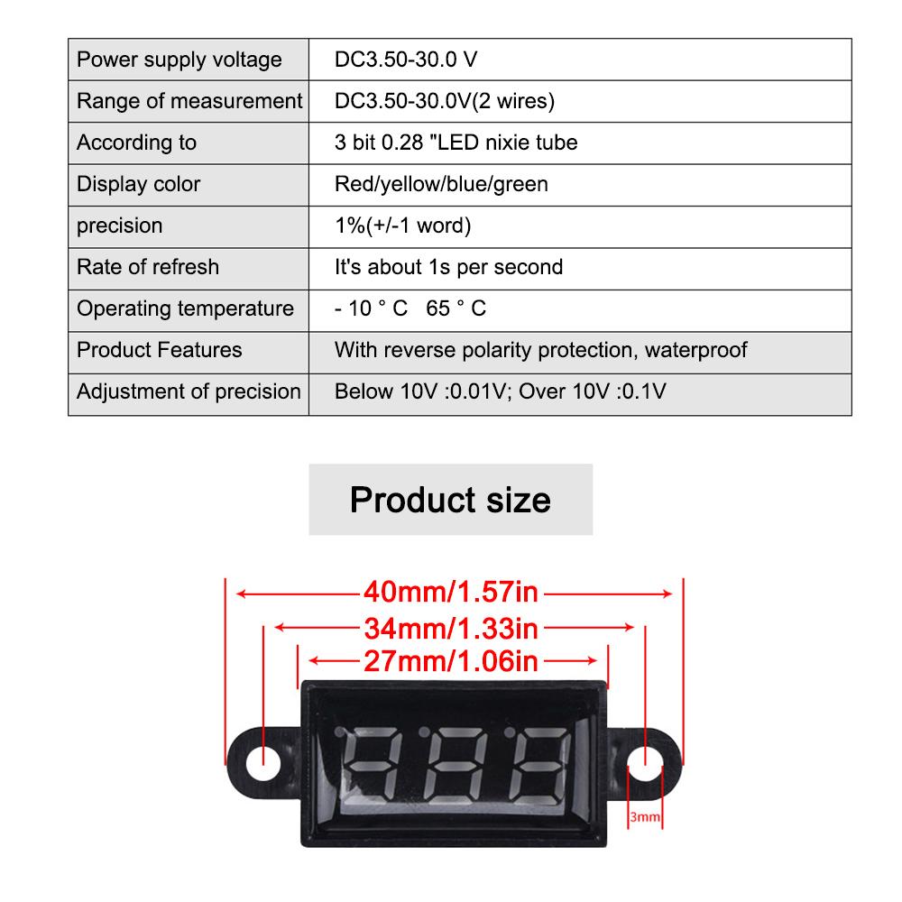 DC 3.0V-30.0V Digital Car Voltmeter Automotive Voltage Meter Waterproof 12V 24V Motorcycle Vehicle LED Display Voltage Tester