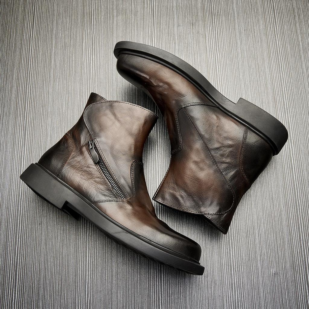 Vinterhjälp Läderstövlar Mode Rund Tå Verktygsstövlar Chelseastövlar Trendiga Casual Plattform Lokomotiv Martin Stövlar Herr