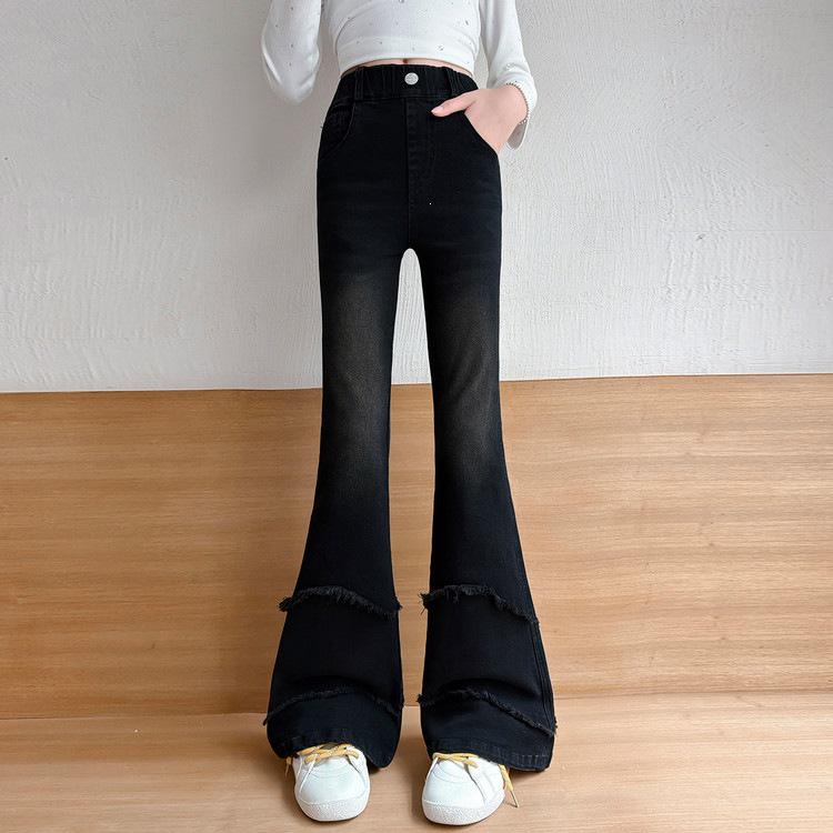 Girls' High Waist Raw Hem Tassel Denim Flare Pants - Autumn 2026 New Arrivals for Medium and Large Children