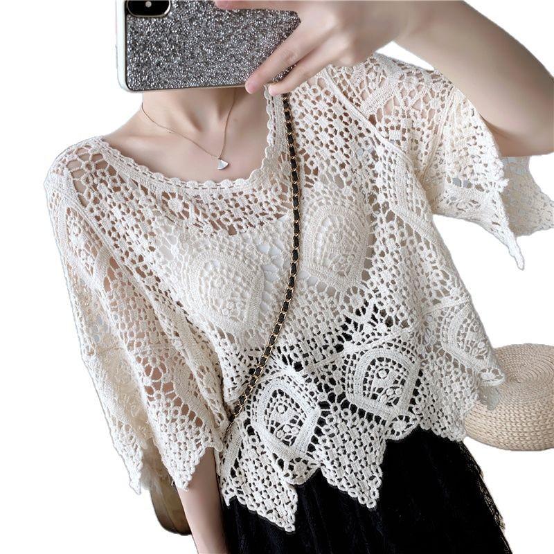 2025 Women's Casual Lace Blouse: Short Sleeve Crochet Shawl, Hollow Out, Fashionable Knit Top