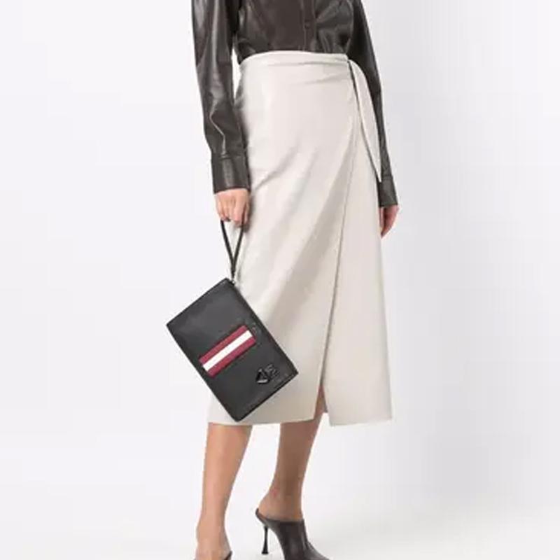 Bally Red And White Striped Letter Logo Business Casual Zipper Leather Wallet Commuter Clutch Bag Large Men Wallet Black 6238757